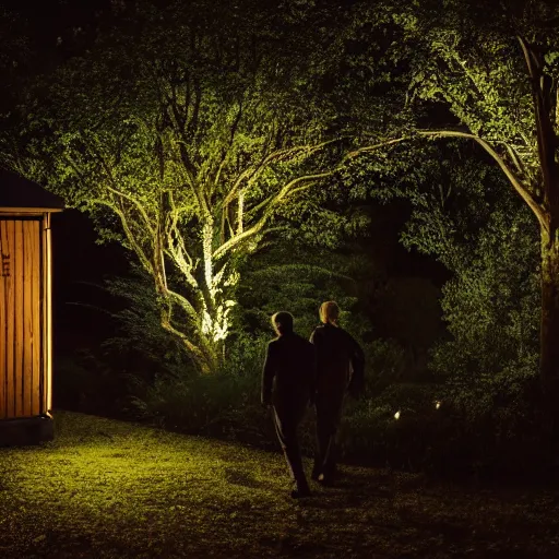 Prompt: A dark photo of two men in a garden at night walking towards a small wooden garden shed