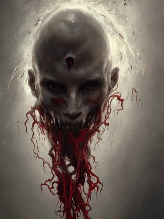 Image similar to painting by greg rutkowski of a flying sorrowful looking human head with tears running down it's eyes, face that is chalk white in color, with long sprawling white tentacles stemming down it's neck, fiery scorching red eyes, flying in a terrying hellish dark cavernous place