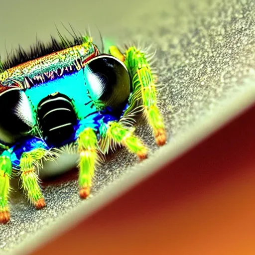 Image similar to a jumping spider using a tiny laptop, by pixar, macro lens, iridescent