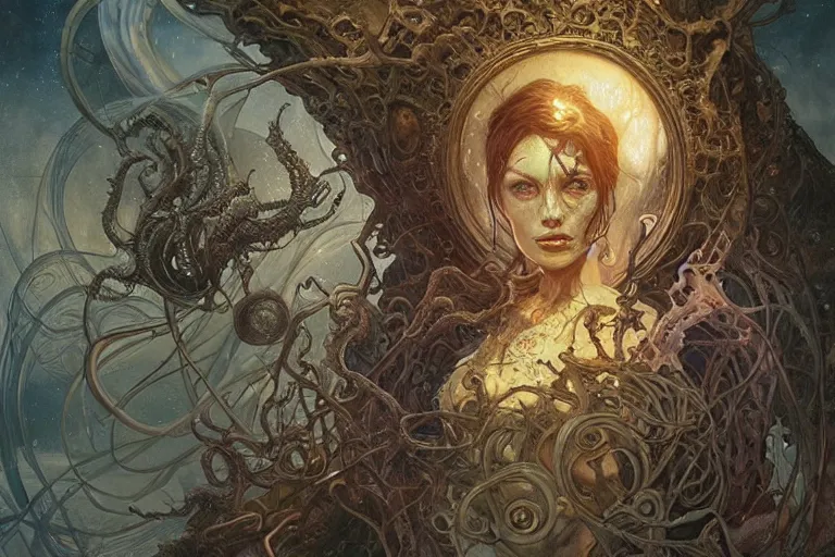 Image similar to a lovecraftian painting of a nightmare, cosmic horror elements, ultra realistic, concept art, intricate details, eerie, highly detailed, photorealistic, octane render, 8 k, unreal engine. art by artgerm and greg rutkowski and alphonse mucha