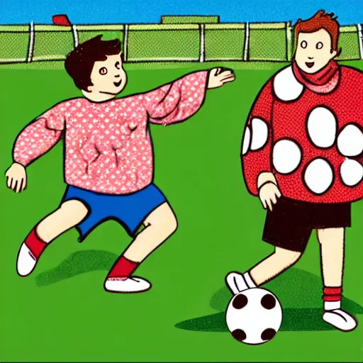 Image similar to illustration of french boy in paris playing football against a corgi, the corgi is wearing a polka dot scarf