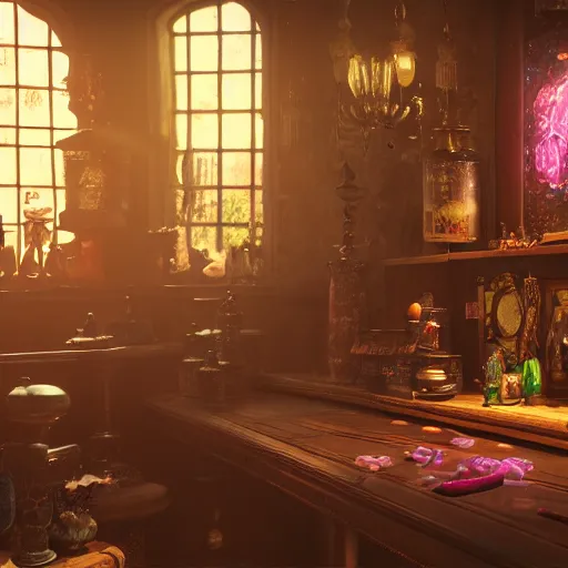 Prompt: inside a magical item shop, fantasy potion vendor interior, artgerm, yoshitaka amano, gothic interior, 8 k, octane render, unreal engine