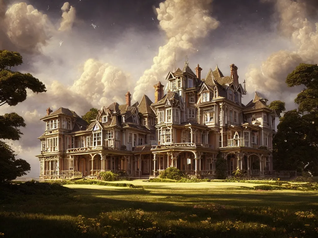 Image similar to gorgeous complex victorian mansion in a beautiful coastal landscape, sunny sky with fluffy clouds, iredescent soft glow bloom effect, dream - like, baroque portrait painting, perfect composition, beautiful detailed, intricate detailed octane render, unreal engine 5, trending on artstation, 8 k, chiaroscuro, masterpiece, raphael, caravaggio, beksinski, ghibli