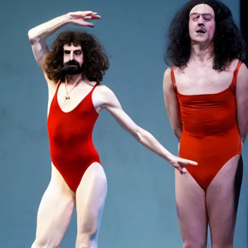 Image similar to Frank Zappa in a leotard and a crown performs the role of Richard III in award-winning modern dress production of Richard III in front of a live audience, action shot, masculine