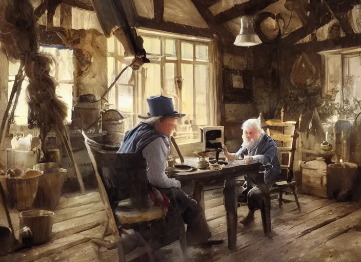 Prompt: oil painting, scandinavian gnome, dwarf, small with gray clothes, pointy top hat, in barn environment, hay and wooden tools, high detailed art by anders zorn, wonderful masterpiece by greg rutkowski, beautiful cinematic light, american romanticism by greg manchess, creation by tyler edlin