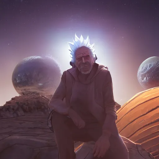 Image similar to real life rick sanchez. photo realism. dramatic lighting. alien planet background. 4 k