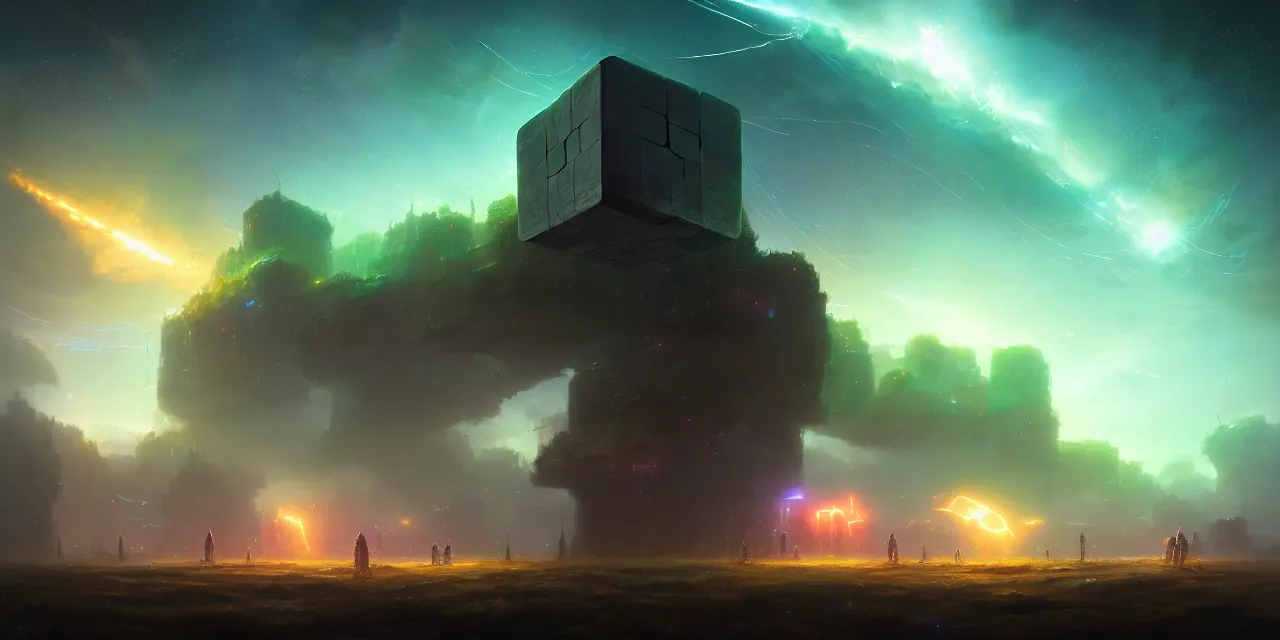 Prompt: a fleet of giant glowing futuristic cubes tied to each other with huge thick messy wires in the sky, a fantasy magical landscape seen in the distance, atmospheric lighting, intricate, volumetric lighting, beautiful, sharp focus, ultra detailed, in the art style of marc simonetti, bowater charlie and brom gerald, astrophotography