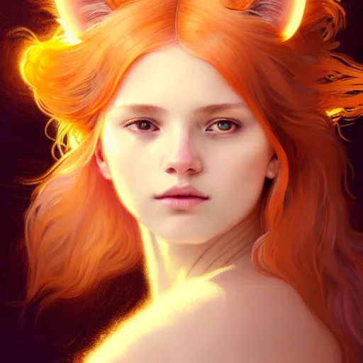 Image similar to Portrait of a girl angel with pale orange colored frizzy strands of illuminated hair, cat ears on her head, glowing halo, Lion's Mane, fantasy, intricate, elegant, highly detailed, digital painting, artstation, concept art, smooth, sharp focus, illustration, art by Krenz Cushart and Artem Demura and alphonse mucha