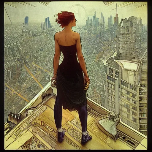 Image similar to “ a girl standing on a ledge looking down at a futuristic new york city below, cyberpunk, ghostpunk, storm clouds, very detailed, by alphonse mucha ”