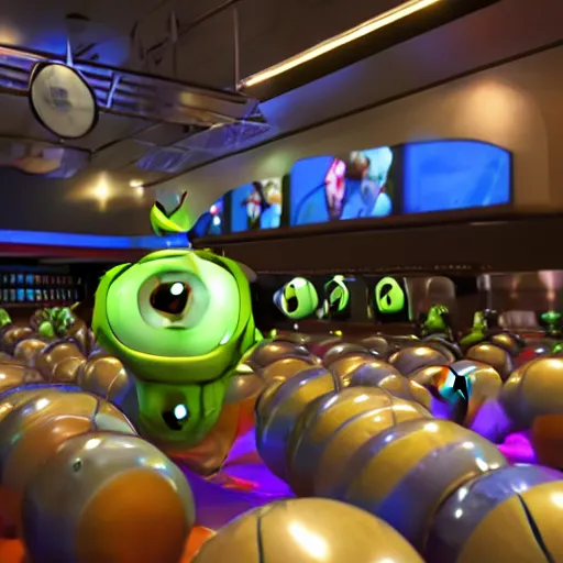 Image similar to Mike wazowski sat in a rack of bowling balls, at the bowling alley, middle lane, Pixar animation, soft lighting, 4k