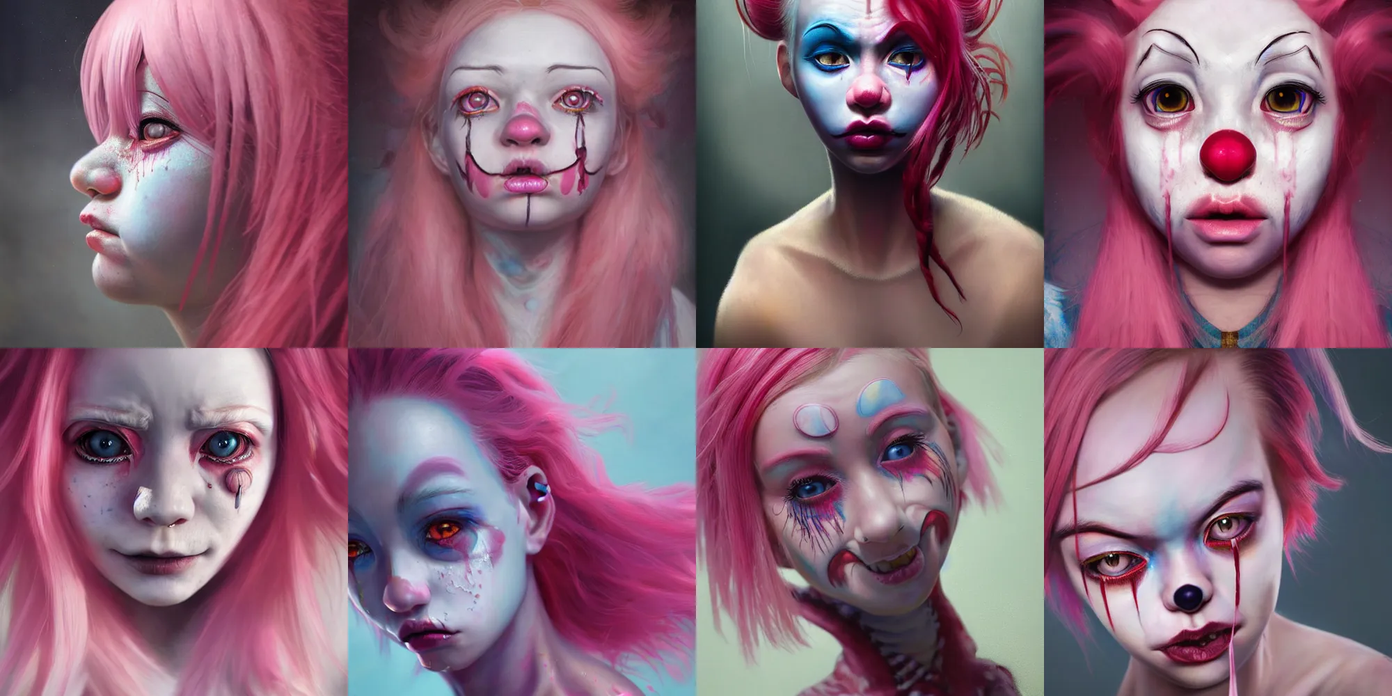 Image similar to breathtaking detailed painting of clown girl crying, pink hair, with anxious, piercing eyes, james jean, miho hirano, extremely moody lighting, hyperrealistic, octane render, rpg portrait, ambient light, dynamic lighting