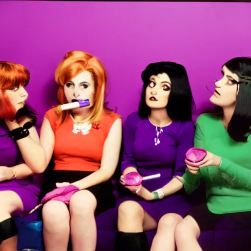 Prompt: photograph of grownup Powerpuff Girls smoking weed in a purple room