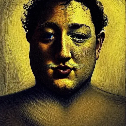 Image similar to Fat chungus zuckerberg recognizes its soul in the mirror - contest-winning artwork by Salvador Dali, Beksiński, Van Gogh, Giger, and Monet. Stunning lighting