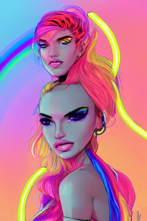 Image similar to a award winning portrait of a beautiful woman with stunning eyes in a one off shoulder crop top and cargo pants with rainbow colored hair, outlined by whirling illuminated neon lines and fine lines swirling in circles by greg tocchini, digital art, trending on artstation