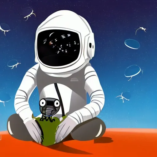 Image similar to an ant wearing an astronaut helmet on an airplane in the style of a cartoon