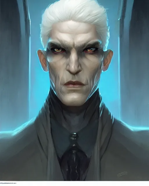 Prompt: character portrait of a slender half eldar man with white hair, piercing blue eyes, and pale bluish skin, by greg rutkowski, mark brookes, jim burns, tom bagshaw, trending on artstation