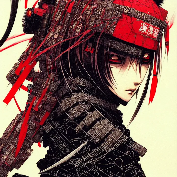 Image similar to a beautiful ukiyo painting of cyberpunk ninja, wearing cyberpunk streetwear, detailed close up portrait, concept art, by takato yamamoto, wlop, krenz cushart. cinematic dramatic atmosphere, sharp focus