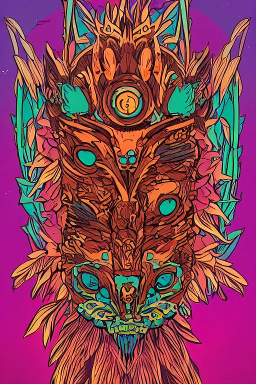 Image similar to animal mask totem roots flower tribal feather gemstone plant wood rock shaman vodoo video game vector cutout illustration vivid multicolor borderlands comics by josan gonzales and dan mumford radiating a glowing aura