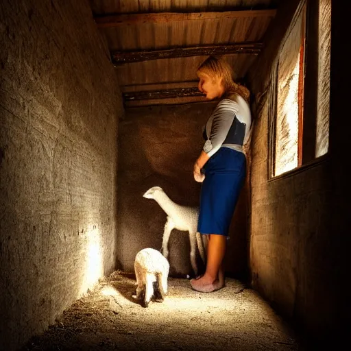 Prompt: a woman nursing a lamb in a barn, dimly lit, night, two red eyes stare at her from the shadows, uhd, 8 k, digital art, award winning,