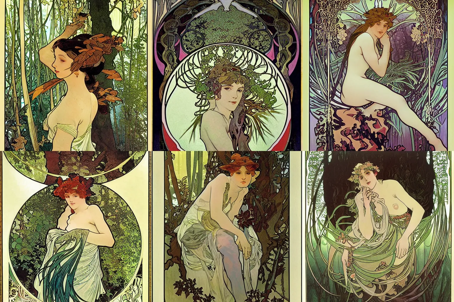 Prompt: Peinture à l'huile, d'une créature mystique dans une forêt verdoyante, par boichi et Alphonse Mucha.