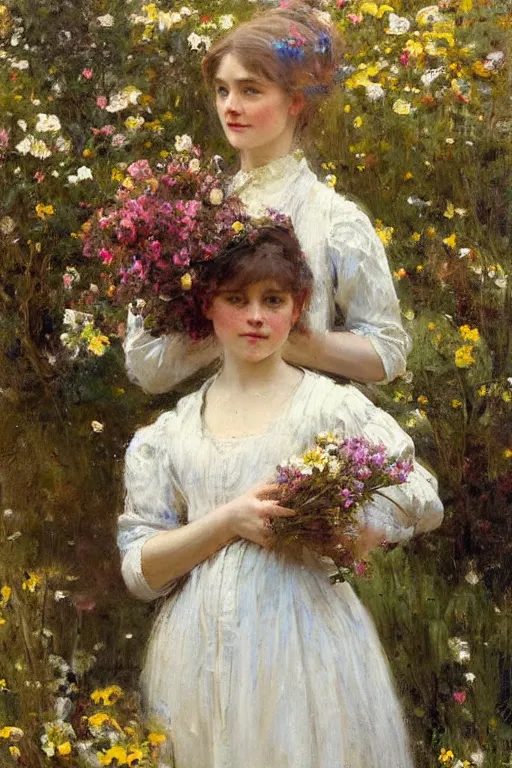 Image similar to Richard Schmid and Jeremy Lipking full length portrait painting of a young beautiful edwardian girl hold a large bouquet of flowers standing in a cottage garden
