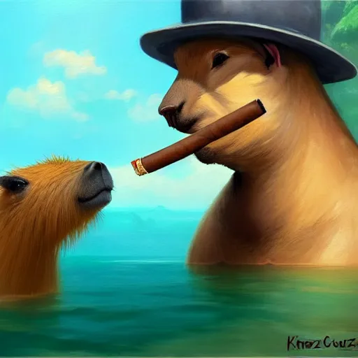 Image similar to a painting of a capybara smoking a cuban cigar while a fedora sitting in a secret underwater base by Krenz Cushart, high detail, concept art, artstation, 8k