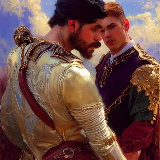 Image similar to attractive fully clothed king confesses his love for his attractive fully clothed male prince. highly detailed painting by gaston bussiere, craig mullins, j. c. leyendecker 8 k