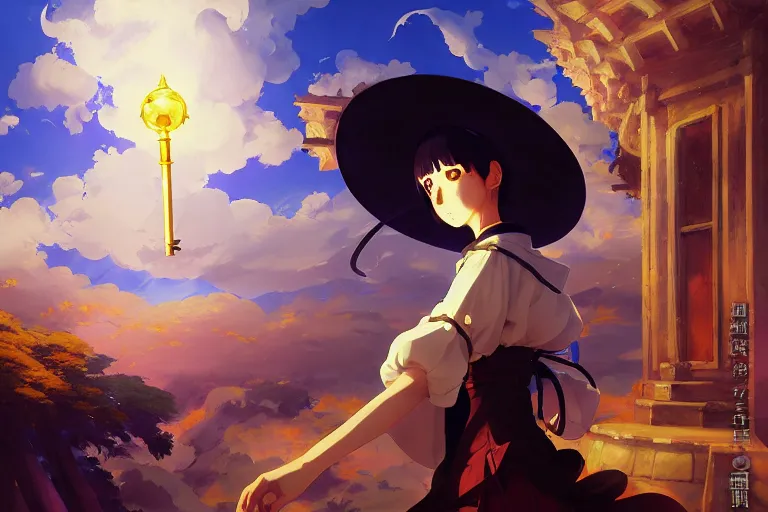 Prompt: baroque oil painting of anime key visual environment concept art of anime girl magician with big hat casting magic, brutalist, dark fantasy, rule of thirds, fake hidden detail, trending on pixiv fanbox, acrylic palette knife and brush, style of makoto shinkai studio ghibli genshin impact jamie wyeth james gilleard greg rutkowski