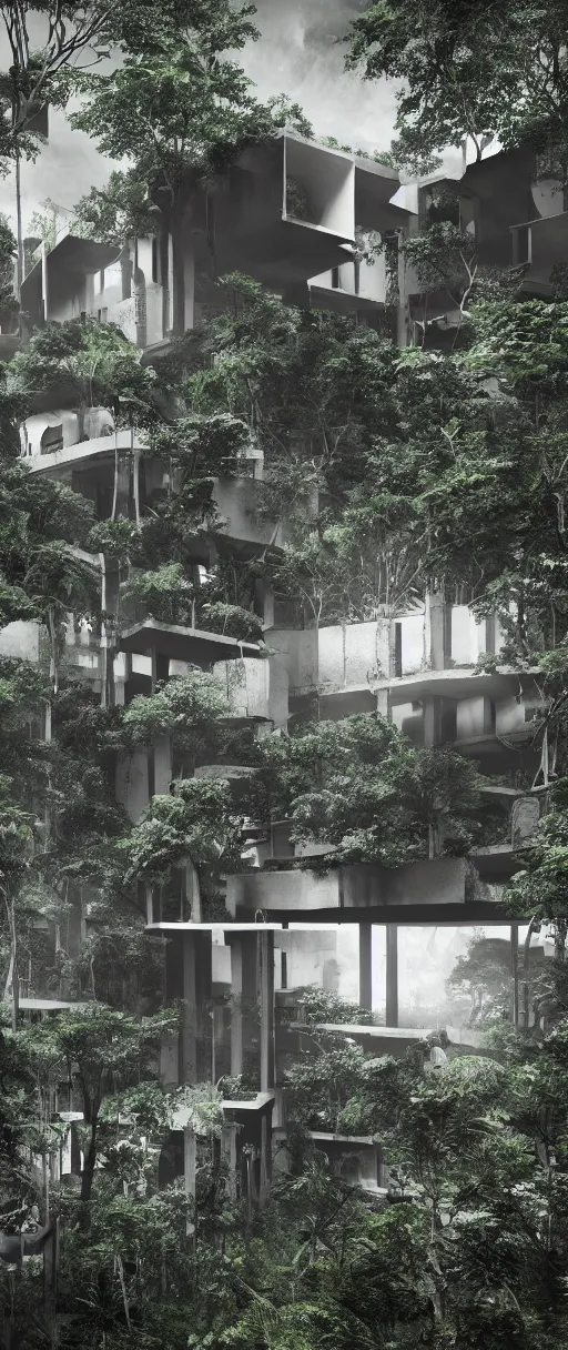 Image similar to architecture inspired by le corbusier in the rainforest. nature is taking over. upside down. metabolism. octane render. global illumination. atmospheric. photorealistic. color scheme black and white.