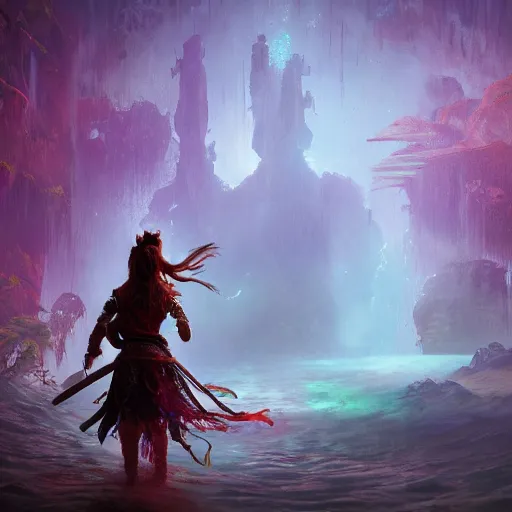 Image similar to Long Shot of Aloy in misty mysterious astral temple jumpin with pistol in river of chromatic SPIRITS , beautiful, dmt, trending on artstation, omnious, soft, artwork by Wong, Liam