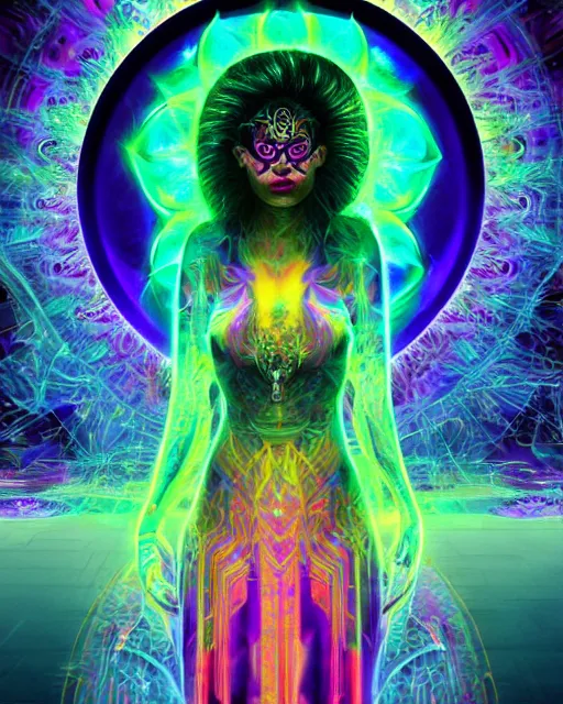 Image similar to a powerful energy psychedelic matrix priestess, by alexander fedosav, hyper detailed digital matte painting, concept art, hyperrealism, 1 6 k resolution, cinema 4 d, 8 k resolution, trending on artstation, behance hd, a masterpiece, by stephan martiniere, particles, cel - shaded, power bright neon energy, by david a. hardy,