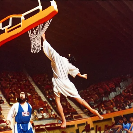 Prompt: Jesus wearing robes dunks a ball in the net while in a basketball court alone , hd