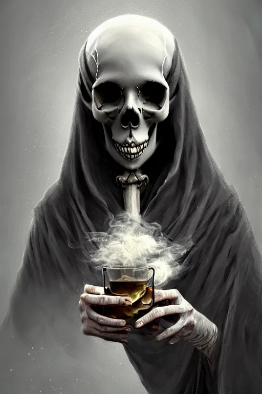 Prompt: Sad lonely skull faced Death is drinking tea, wearing cloak made of smoke and ashes, death is partly draped with bones, death is split in two with smoke, fantasy, intricate, elegant, highly detailed, digital painting, artstation, woamn is curved, concept art, smooth, sharp focus, illustration, art by Ilja Repin