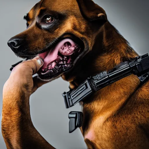 Prompt: a dog man mutant holding a pistol pointed at the viewer,depth of field,focus on the pistol,hyperdetailed,hyperrealistic,realistic,studio lighting,professional lighting,3 point lighting,dramatic,cinematic,detailed face,professional photography