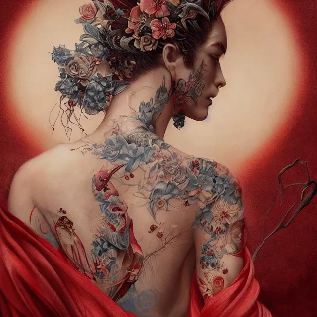 Image similar to ultra realistic illustration, beautiful ethereal woman dressed in red kimono, backview, tattoos, in the style of peter mohrbacher by weta digital and beth cavener, high face symmetry, intricate, masterpiece, award winning, high face symmetry, intricate