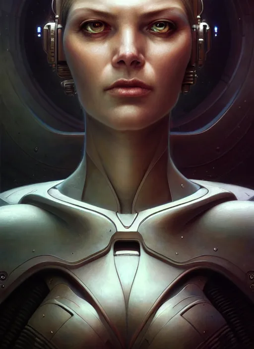 Image similar to closeup portrait shot of a female android in a scenic dystopian environment, intricate, elegant, highly detailed, centered, digital painting, artstation, concept art, smooth, sharp focus, illustration, artgerm, tomasz alen kopera, peter mohrbacher, donato giancola, joseph christian leyendecker, wlop, boris vallejo