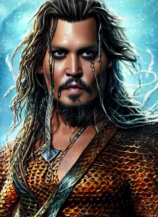 Prompt: johnny depp as aquaman, naturel, hyper detailed, digital art, trending in artstation, cinematic lighting, studio quality, smooth render, unreal engine 5 rendered, octane rendered, art style by klimt and nixeu and ian sprigger and wlop and krenz cushart