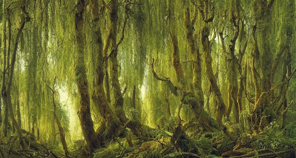 Image similar to looking up at on ancient willow forest, hemlocks, moss, stream, intricate, vivid colors, elegant, highly detailed, ivan shishkin, john park,