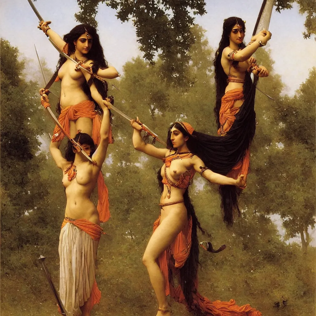 Image similar to an extremely beautiful female hindu warrior carrying swords, art by auguste toulmouche and bouguereau