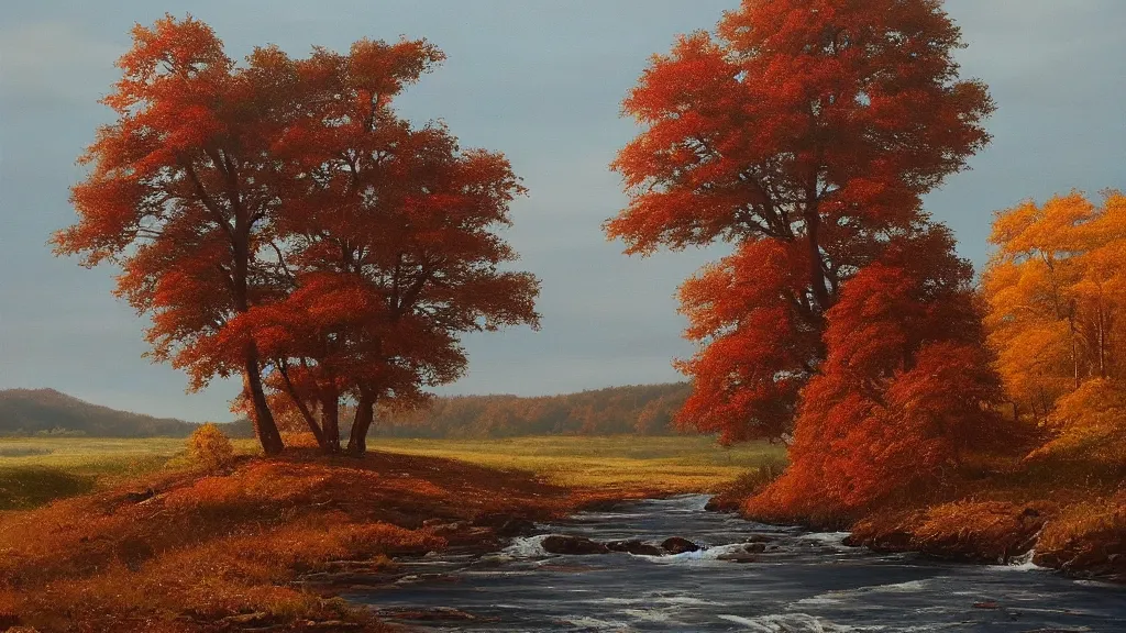 Prompt: A beautiful oil painting of a single tree, the tree is at the top of a hill, the tree is in the rule of thirds, the fall has arrived and the leafs started to become golden and red, the river is zigzagging and flowing its way, the river has lots of dark grey rocks, by Greg Rutkowski