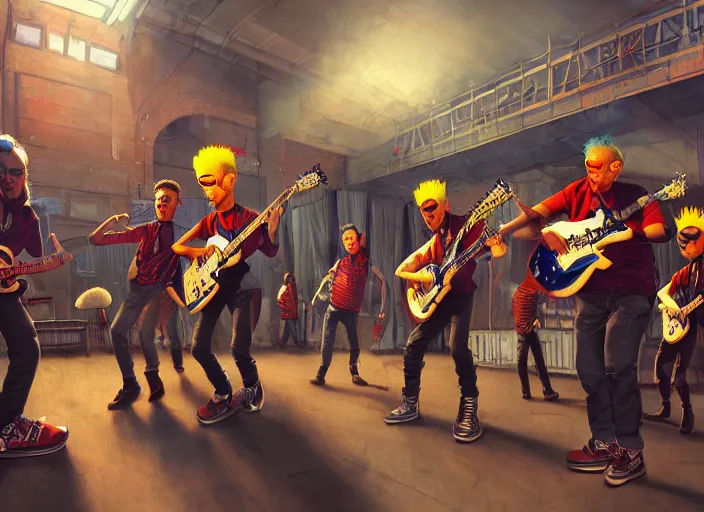 Image similar to 4 punks in school uniform with mohawks stand on stage with guitars and drums and microphones and yell day, foreground fight of ravers and punks, by marc simonetti, tyler edlin, deviantart, ray tracing, octane render, digital art, realistic, high quality, 8 k