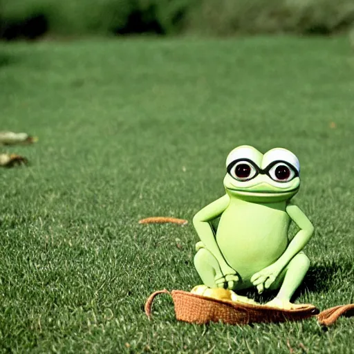 Image similar to Pepe the Frog. Pepe the Frog sitting on a picnic in the park. 35mm, focused, soft lights, International Photography Awards, photo by Steve Hanks, Pepe-art