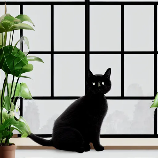 Prompt: peaceful dreamy painting of black cat sitting on a glass desk, sunshine coming through the window, small plants on the window sill, 4k resolution, highly detailed