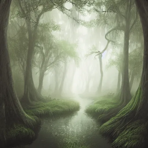 Image similar to an ethereal misty fairy swamp, fantasy illustration