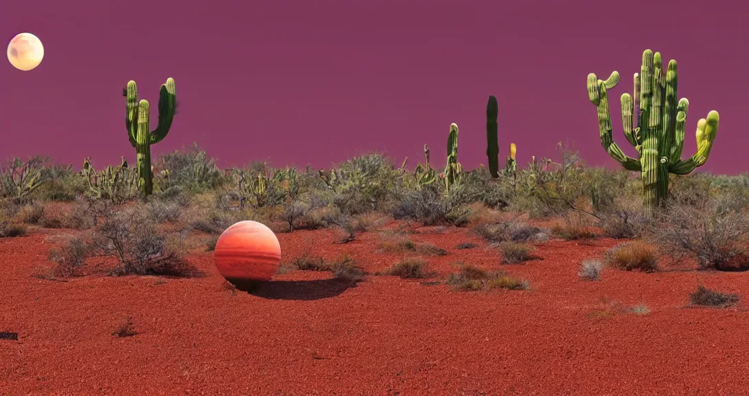 Prompt: ''red sand desert, gas giant in the sky, cactus in the forefront, crashed spaceship in the distance''