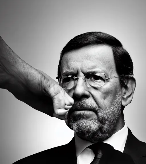 Prompt: A dramatic portrait of Mariano Rajoy, black and white, studio lighting