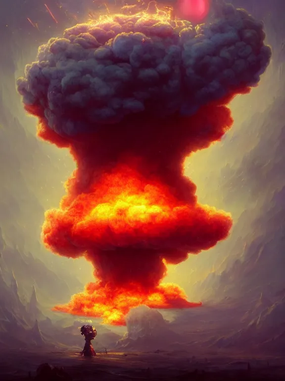 Image similar to photo of 8k ultra realistic nuclear explosion, mushroom cloud, full of colour, cinematic lighting, battered, trending on artstation, 4k, hyperrealistic, focused, extreme details,unreal engine 5, cinematic, masterpiece, art by Peter Mohrbacher