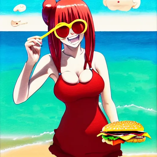 Prompt: Extremely Detailed and Full Portrait scene of Gooey Ocean scene in ink and refined sand, Red Hair pigtail anime woman with shades on face. wearing a sundress full body smiling while eating a cheese burger. The cheeseburger is leaking red sauce all over the place by Akihito Yoshitomi AND Yoji Shinkawa AND Greg Rutkowski, Mark Arian trending on artstation