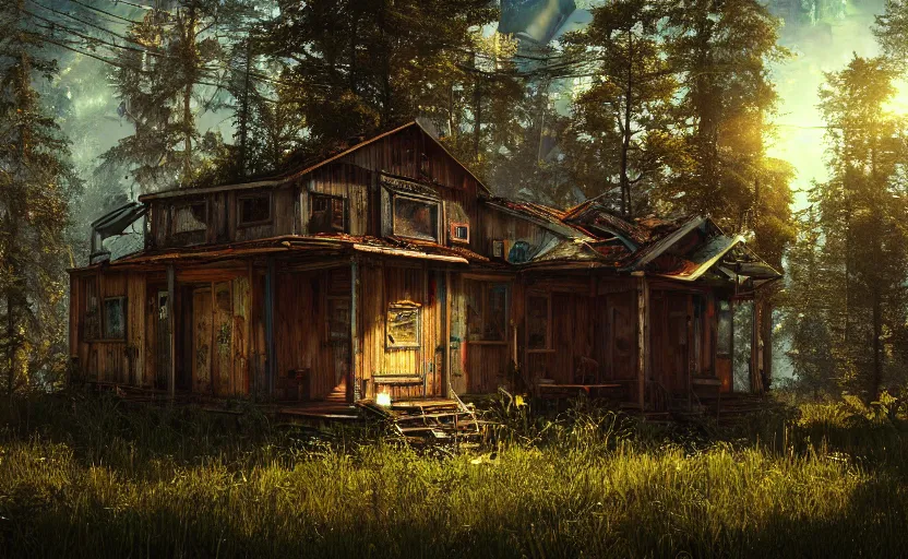 Prompt: photorealistic abandoned cyberpunk rustic metal cabin in a lush forest. daylight. sunlight. lens flare. light fixtures. 8K. detailed. photorealism. artstation. 25mm f/1.7 ASPH Lens. ultra realistic