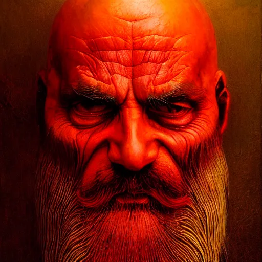 Image similar to Angry Bearded Miner portrait, dark fantasy, red and gold, artstation, painted by Zdzisław Beksiński and Wayne Barlowe